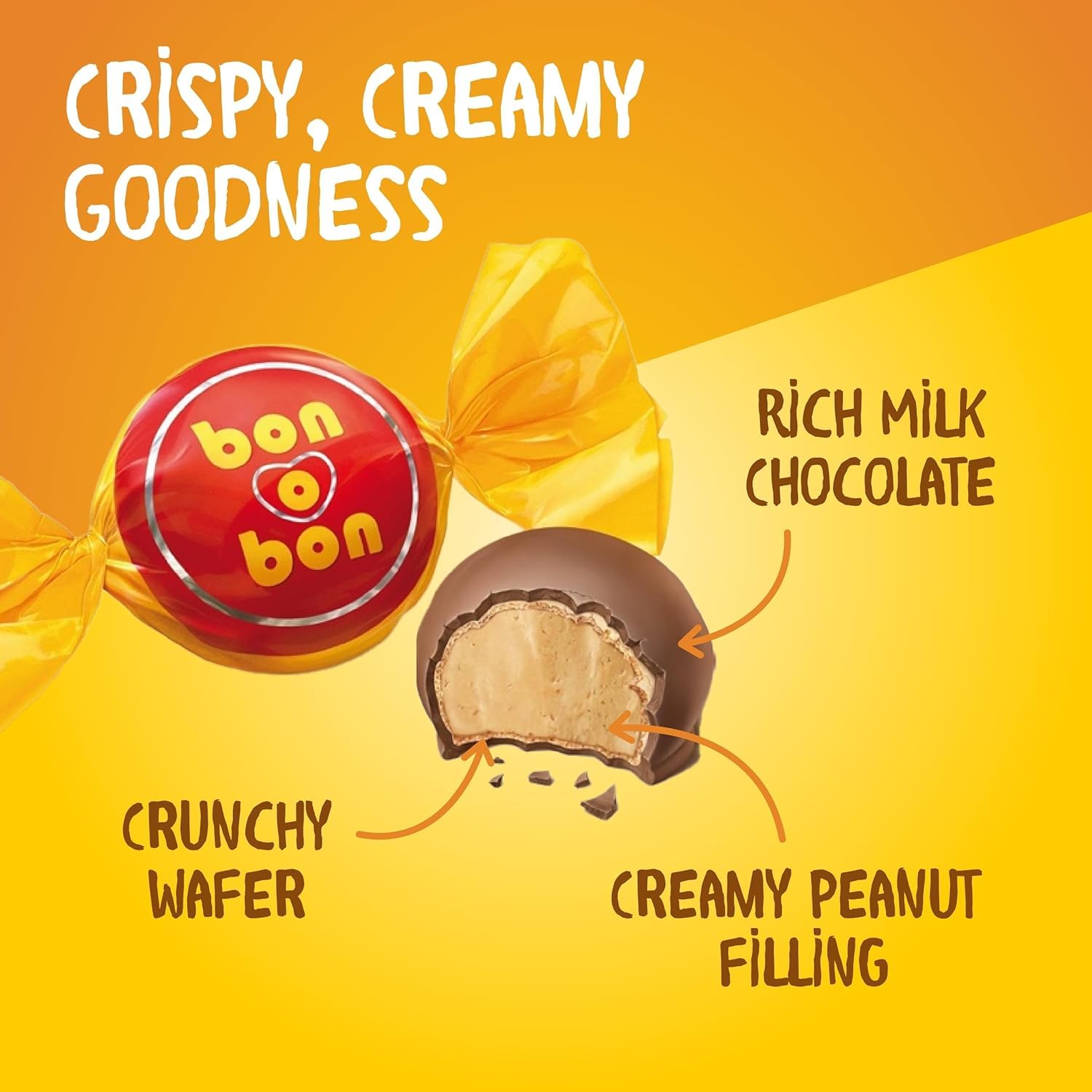 Bon o Bon Chocolate Bon Bons, Decadent Chocolate Truffles with a Creamy Peanut & Wafer Filling, 15g x 18 Bonbons