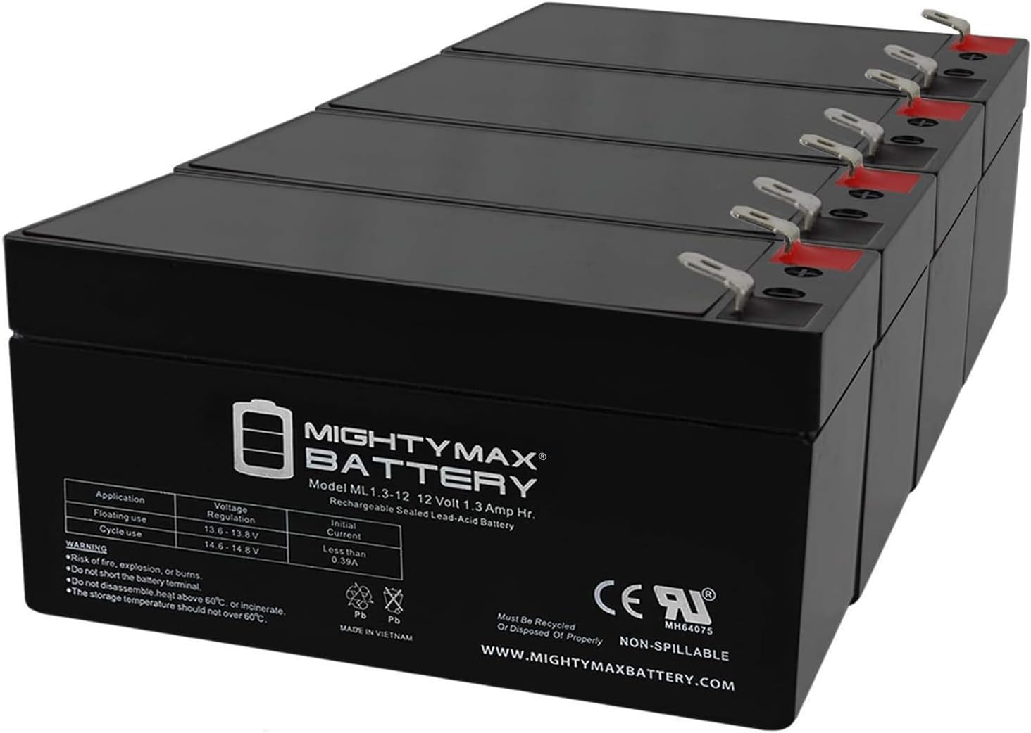 Mighty Max Battery ML1.3-12 - 12 Volt 1.3 AH, F1 Terminal, Rechargeable SLA AGM Battery