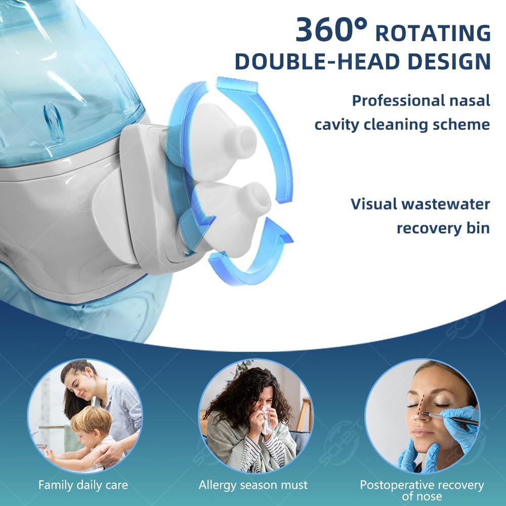 Reusable Battery Operated Nose Wash Cleaner with 2 Heads, Adult Household Nasal Wash Set