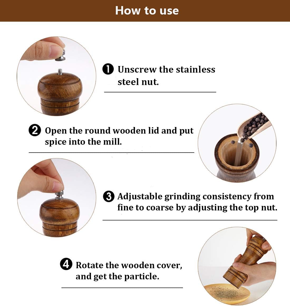 Salt and Pepper Grinders Set,Ouktor Manual Wooden Salt and Pepper Mills Shakers, Ceramic Rotor with Strong Adjustable Coarseness (5.5inch)