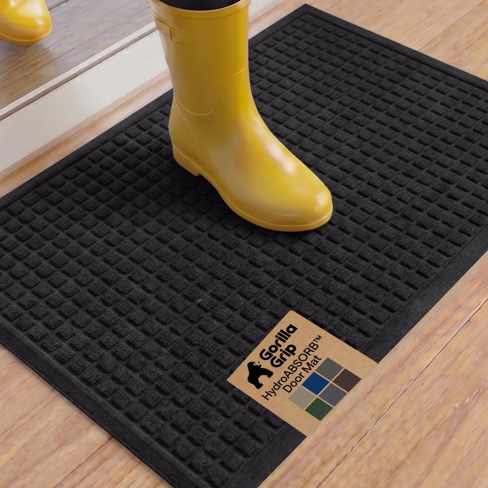 GORILLA GRIP® HydroABSORB Door Mat for Indoor Outdoor Use, 29x17 Black