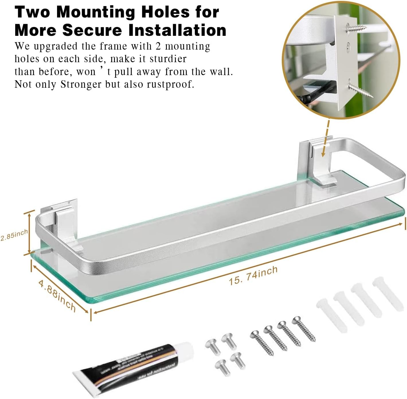 VOLPONE Bathroom Wall Shelf 15.7in Bathroom Glass Shelves Wall Mount Glass Shelf Rustproof Bathroom Wall Organizer 3 Tier (Sliver)