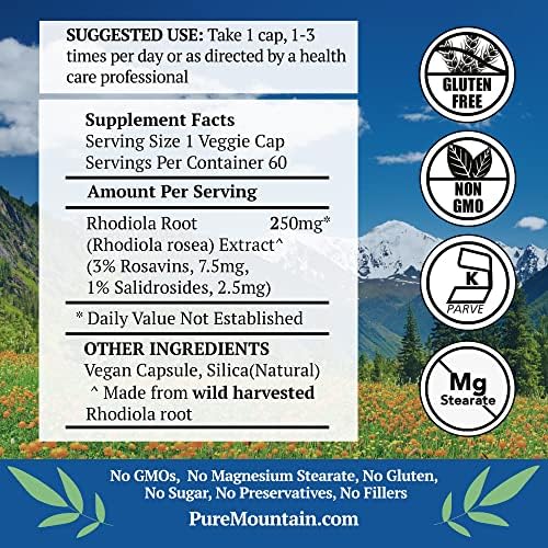 Pure Mountain Botanicals Rhodiola Rosea Supplement - 60 Capsules 250mg - Root Extract Standardized 3% Rosavins 1% Salidroside - Vegan Kosher Gluten