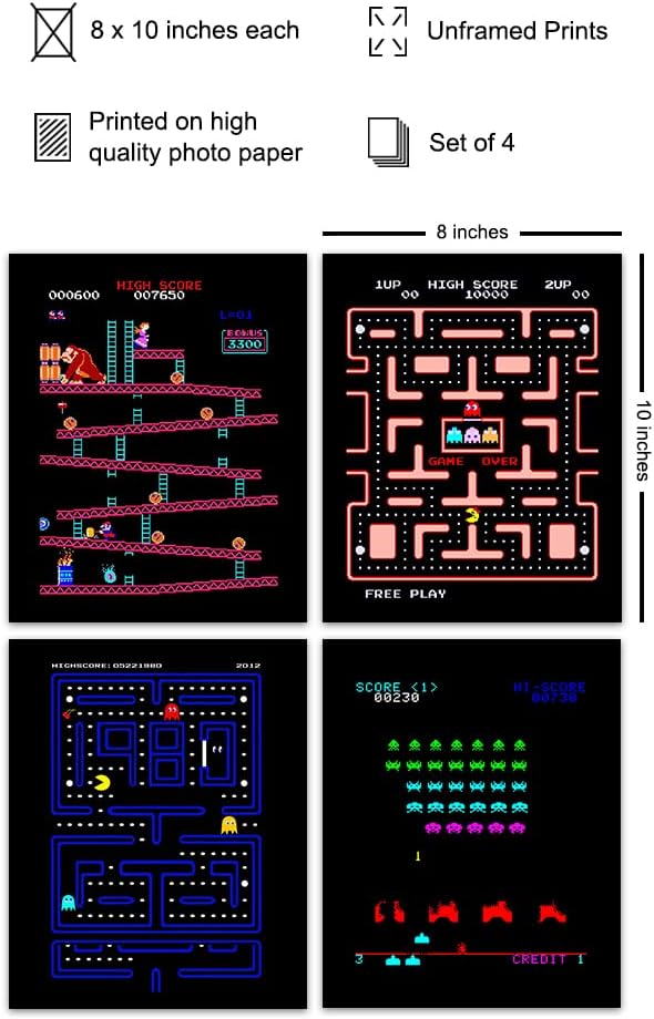 Classic Arcade Games Wall Art Prints - Arcade Decor - 8x10 Set for Man Cave, Den, Family Room, Bar, Bedroom - Gift for Gamers, Video Game, Pacman