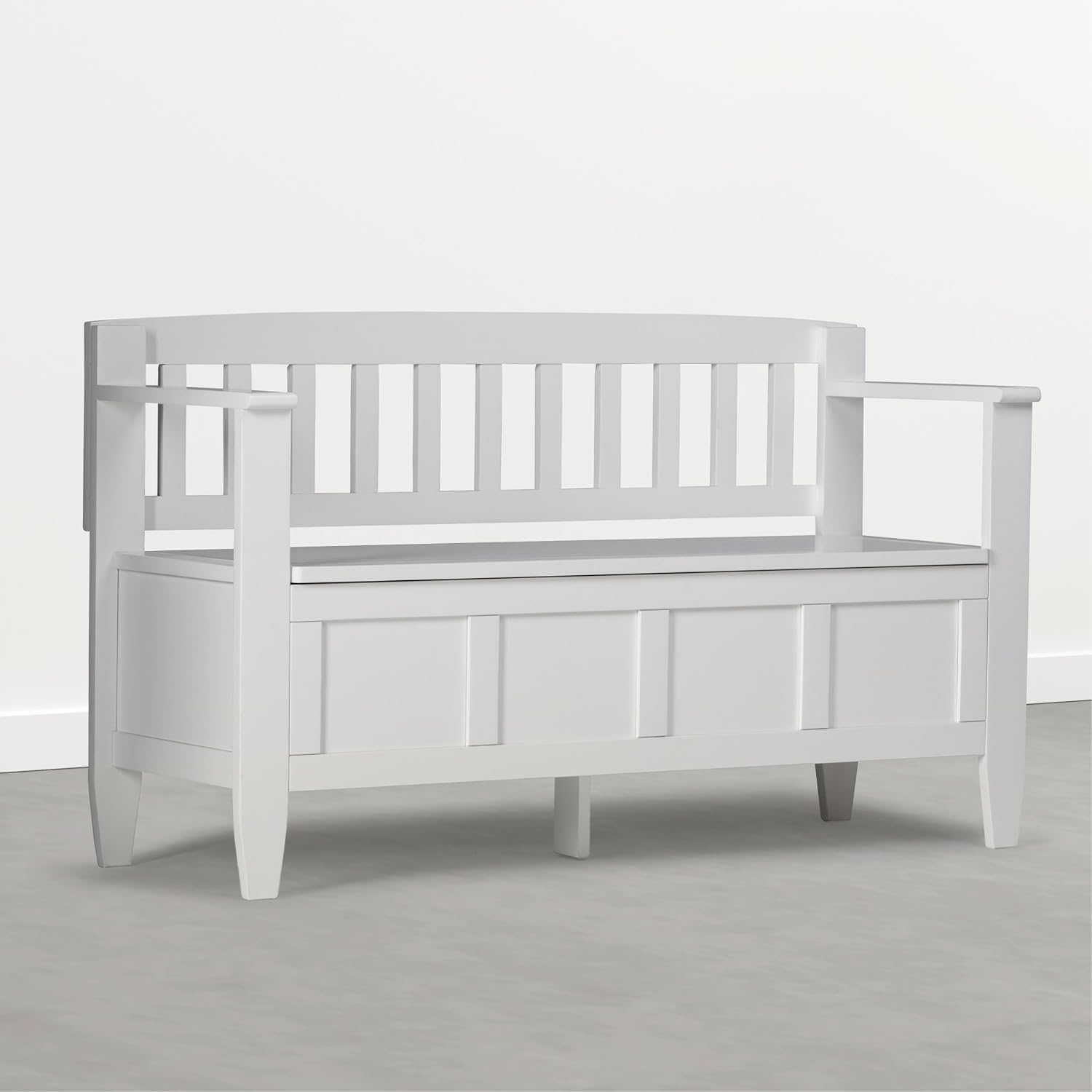 SIMPLIHOME Connaught 30" Wide Solid Wood Storage Bench in Chestnut Brown | Contemporary entryway bench with lift-up lid and hidden storage; mudroom, hallway, foyer, or shoe bench.