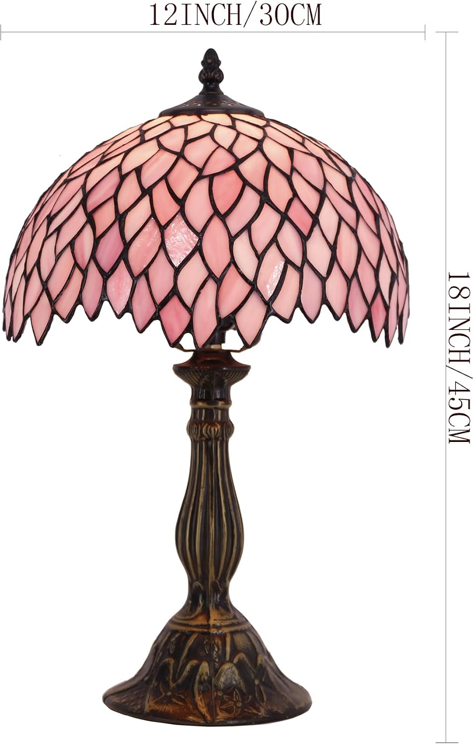 WERFACTORY Tiffany Table Lamp Pink Wisteria Style Stained Glass Desk Light | Bedside Reading Light 12X12X18 Inches Decor Bedroom Living Room Home