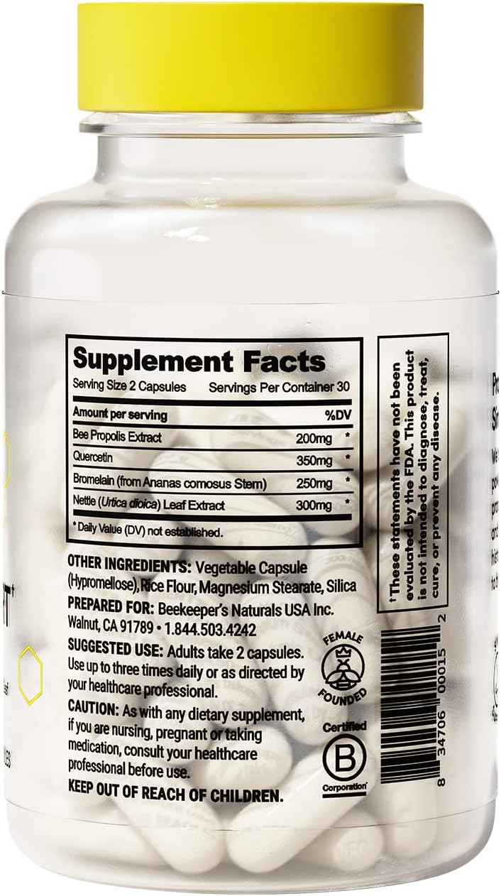 Beekeeper's Naturals Sinus Support for Adults, Quercetin & Bromelain, 60 ct | All Natural, Seasonal Nasal Care Relief, Propolis, Quercetin, Bromelain