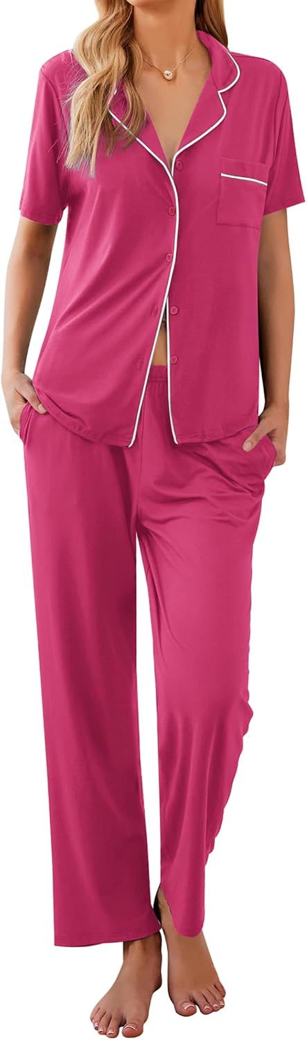 Ekouaer Womens Pajamas Set Short Sleeve Button Down Top & Pants Lounge Pjs