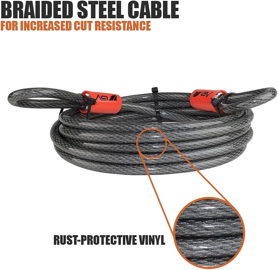 BV 7FT Heavy-Duty Security Cable Lock with Loops – Extra Thick 10mm (3/8") Braided Steel, Cut-Resistant & Weatherproof Wire Cable for Padlock, Gate, Bike, Motorcycle & Outdoor Equipment