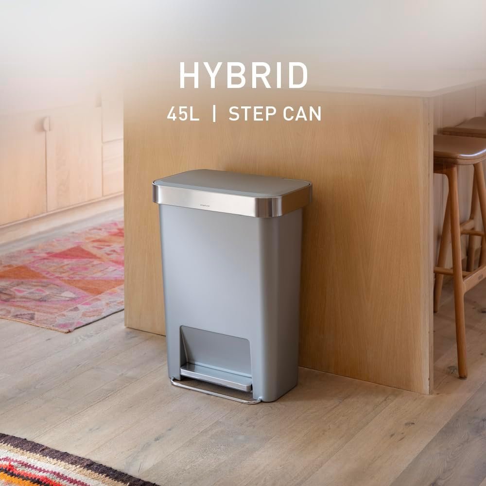 simplehuman Hybrid Step Can, 45L / 12 Gallon Rectangular Kitchen Trash Can, Liner Rim System, Liner Pocket®, 150,000-Step Pedal, Lid Shox® Silent Close, Black Plastic