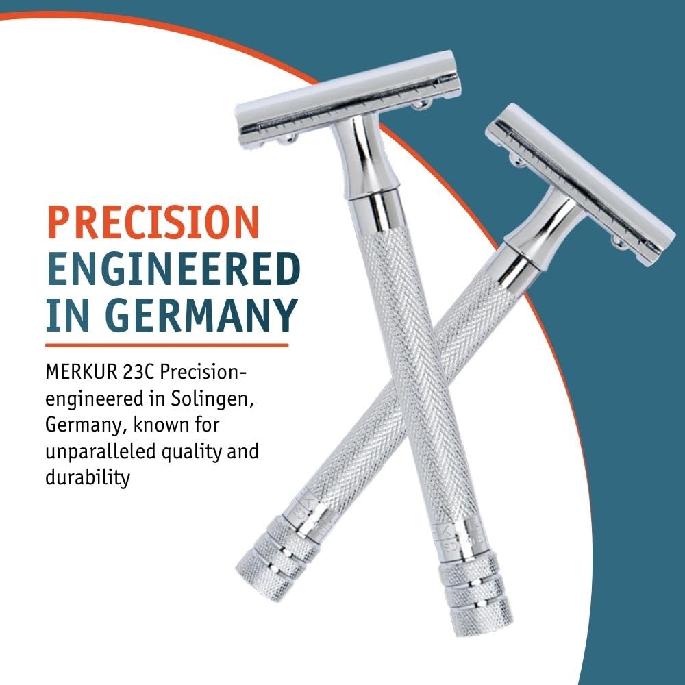 MERKUR 23C Double Edge Safety Razor - Polished Chrome, Long Knurled Brass Handle, Made in Germany, Plastic-Free, Three Piece Design, Closed Comb, Straight Bar