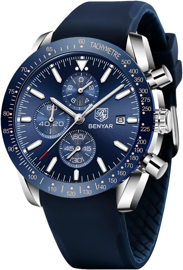 BENYAR Watch for Men Analog Quartz Chronograph Waterproof Luminous Designer Mens Wrist Watches Business Work Sport Casual Dress Watch with Silicone Strap Elegant Gifts for Men
