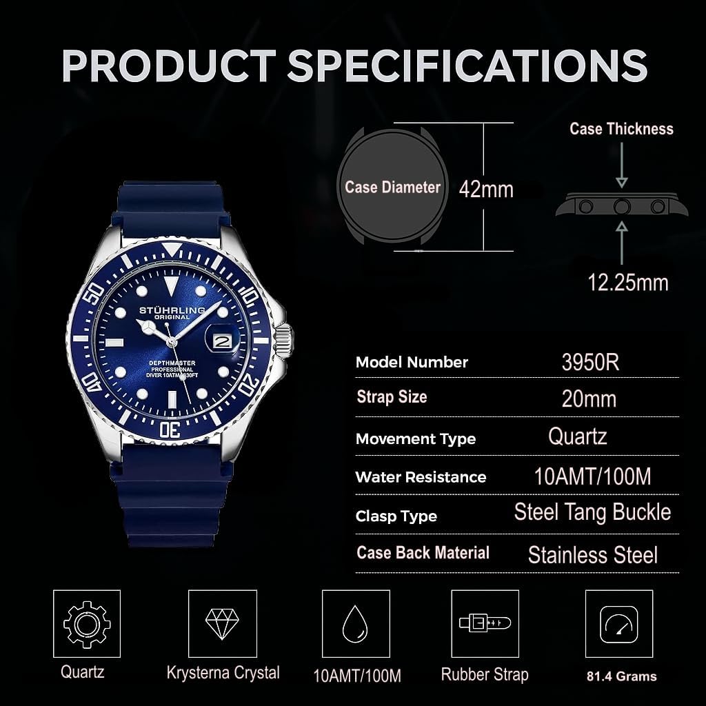 Stuhrling Original Men’s Dive Watch 42mm Stainless Steel, Japanese Quartz Mens Sport Watch, Rubber Strap, Water Resistant to 330 FT, Versatile and Comfort Fit