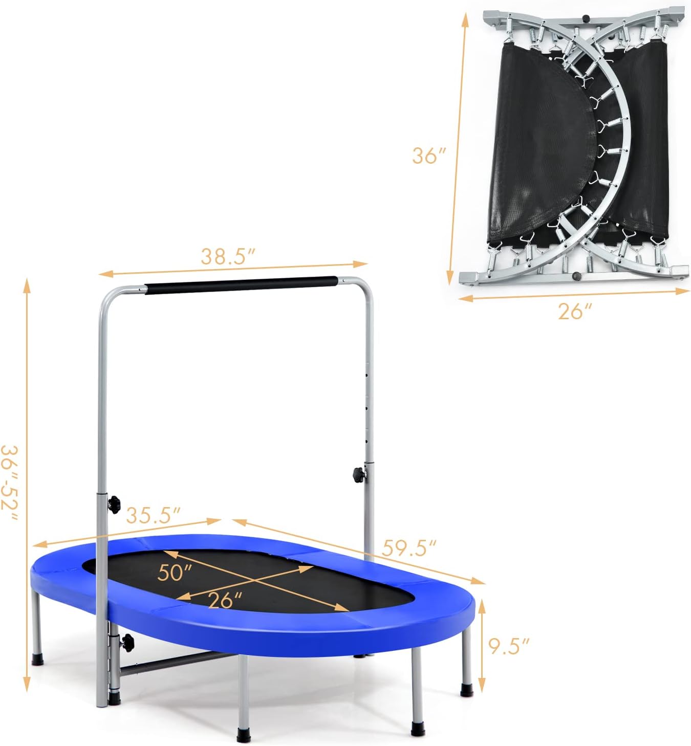 Giantex Mini Trampoline, 2 Persons Foldable Fitness Trampoline w/ 5 Levels Height Adjustable Handle, Max Load 330LBS
