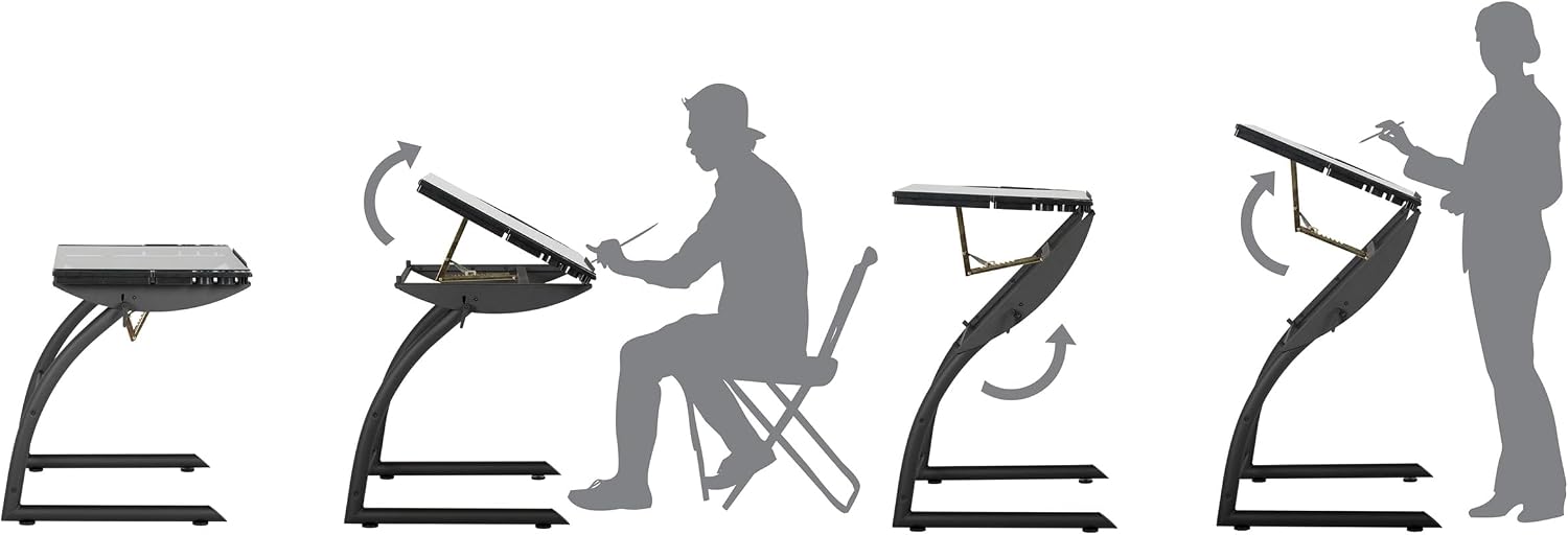 SD Studio Designs Triflex Drawing Table, Sit to Stand Up Adjustable Office Home Computer Desk, 35.25" W X 23.5" D, Charcoal Black/Clear Glass