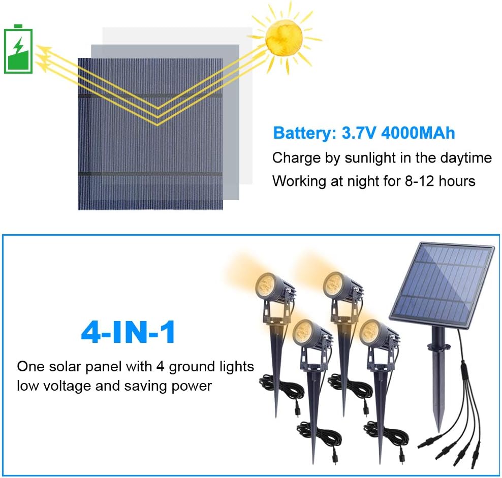 APONUO Metal Solar Spot Lights Outdoor with 9.8ft Cable Solar Powered Landscape Lighting Low Voltage IP65 Waterproof Auto On/Off for Outside Garden Yard Landscape Pathway Garage-Warm White(4-in-1)