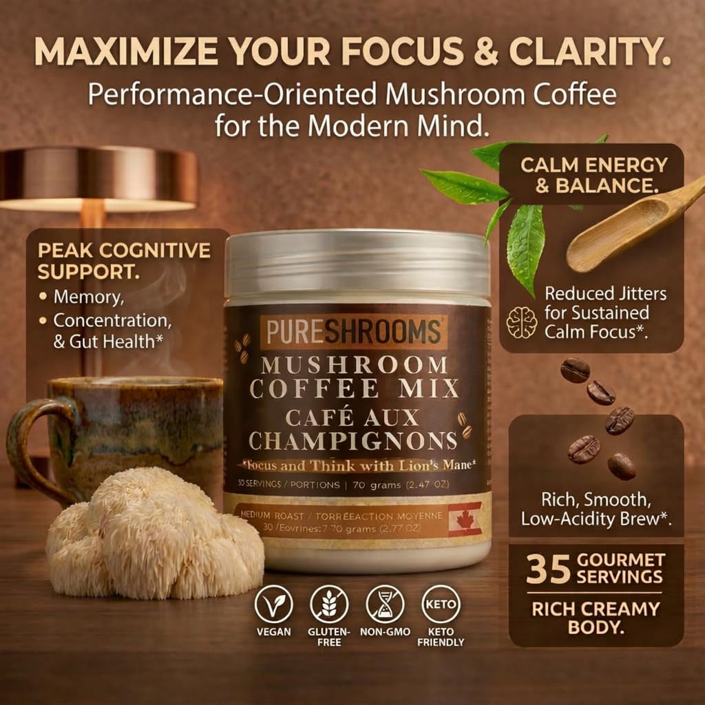 PureShrooms Mind & Body Mushroom Coffee - Instant Colombian Arabica with Organic Lion’s Mane, Reishi & Cordyceps - Low Acidity Nootropic Superfood Beverage for Focus & Vitality, 35 Servings/70g