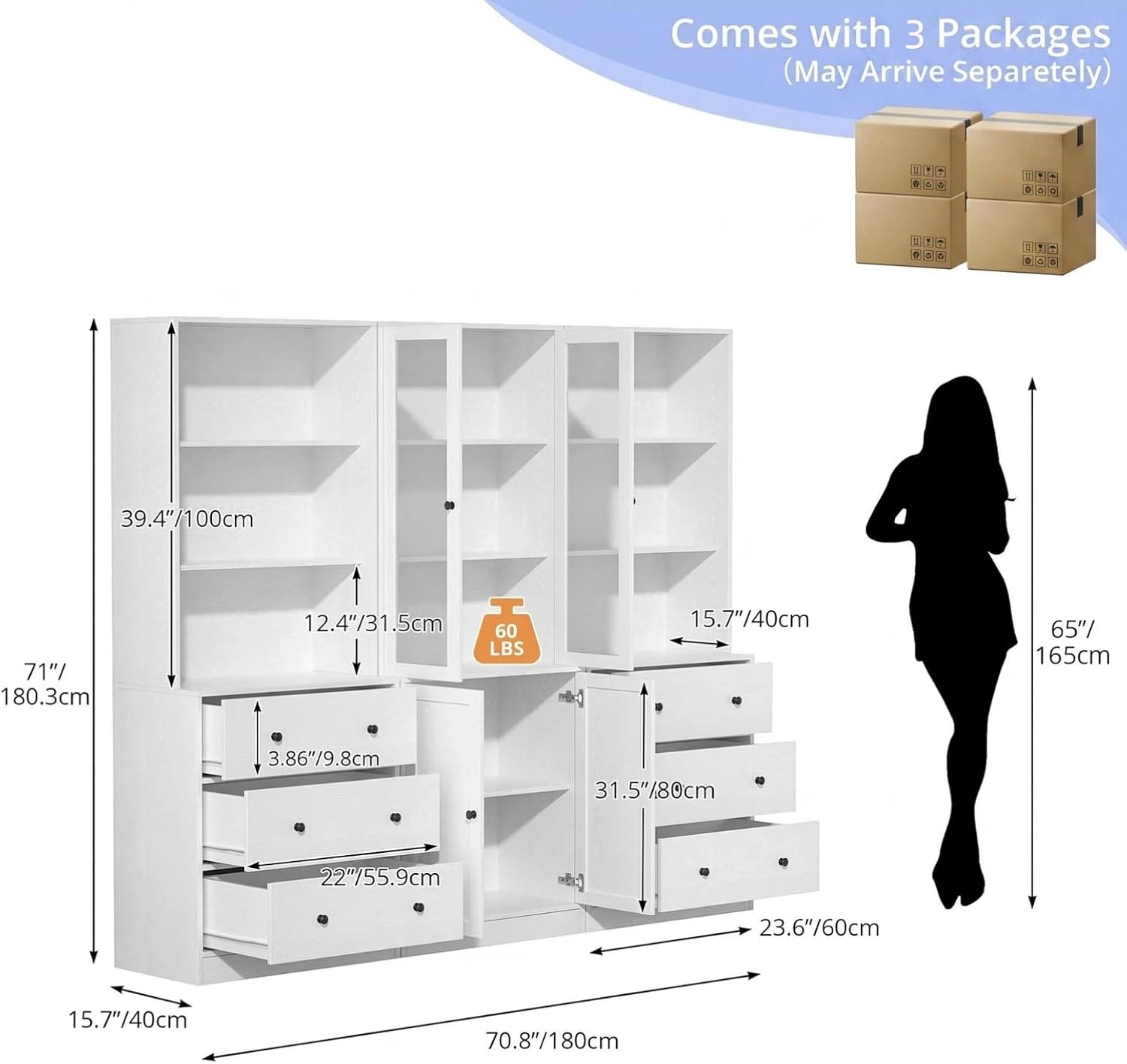 TUSY 71" H Bookcase with Storage | 6-Tier Modern Bookshelf with Drawers, Display Bookcase with Glass Doors, White Curio Cabinet for Home Office, Living Room