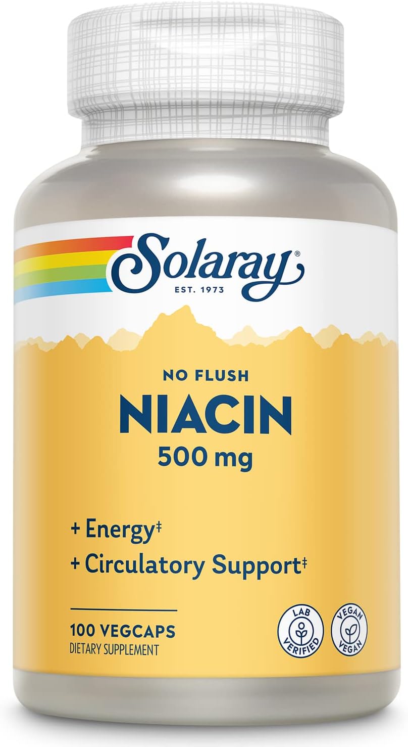 SOLARAY No Flush Niacin 500mg, Flush-Free Vitamin B3 Niacin, Energy and Circulatory System Support, Vegan, Lab Verified, 100 Servings, 100 VegCaps