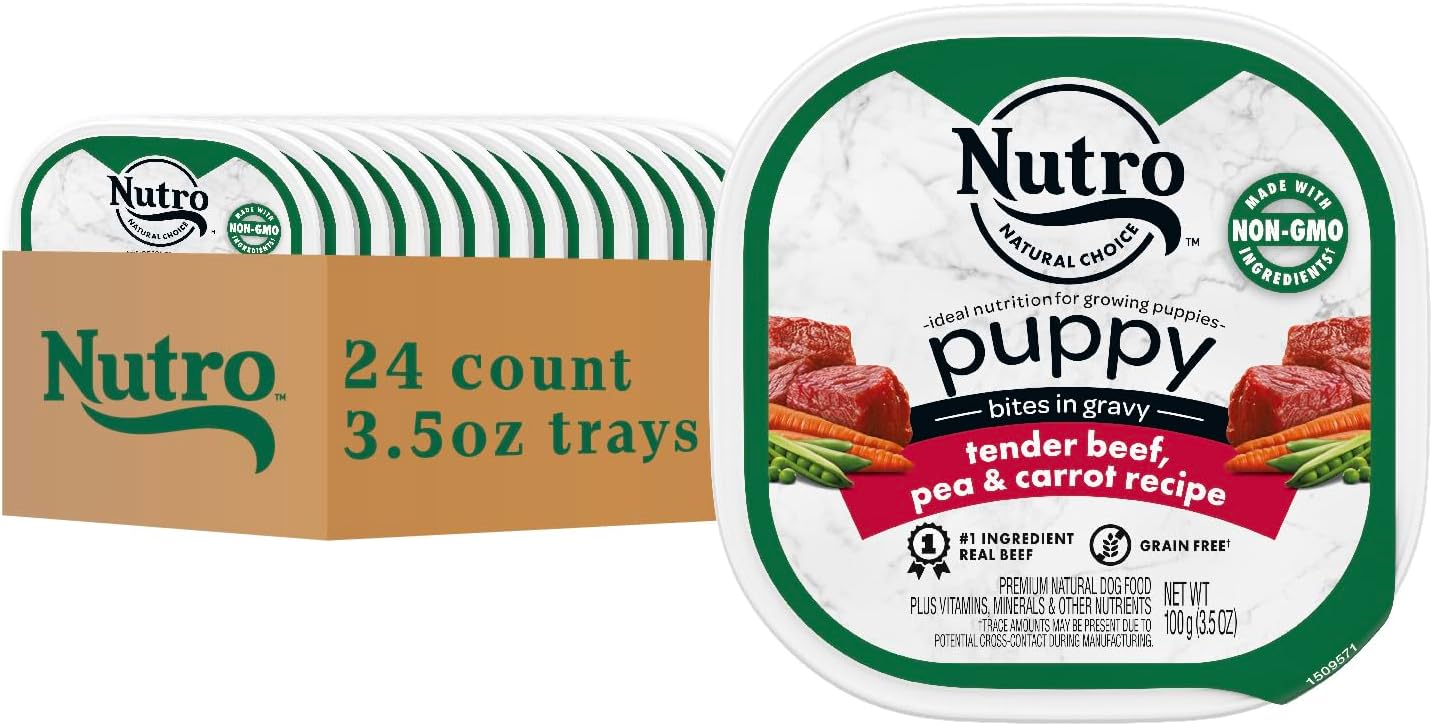 Nutro Puppy Tender Cuts Wet Dog Food, Chicken & Rice, 3.5 oz, 24 count | Bites in gravy, real chicken #1 ingredient, 100% complete & balanced for puppies up to 1 year, no artificial flavors