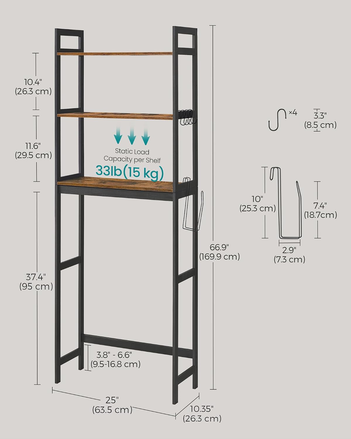 SONGMICS Over The Toilet Storage, 3-Tier Over Toilet Bathroom Organizer with Adjustable Shelf, 10.2 x 24.8 x 66.9 Inches, Space-Saving, Cloud White UBTS01WT