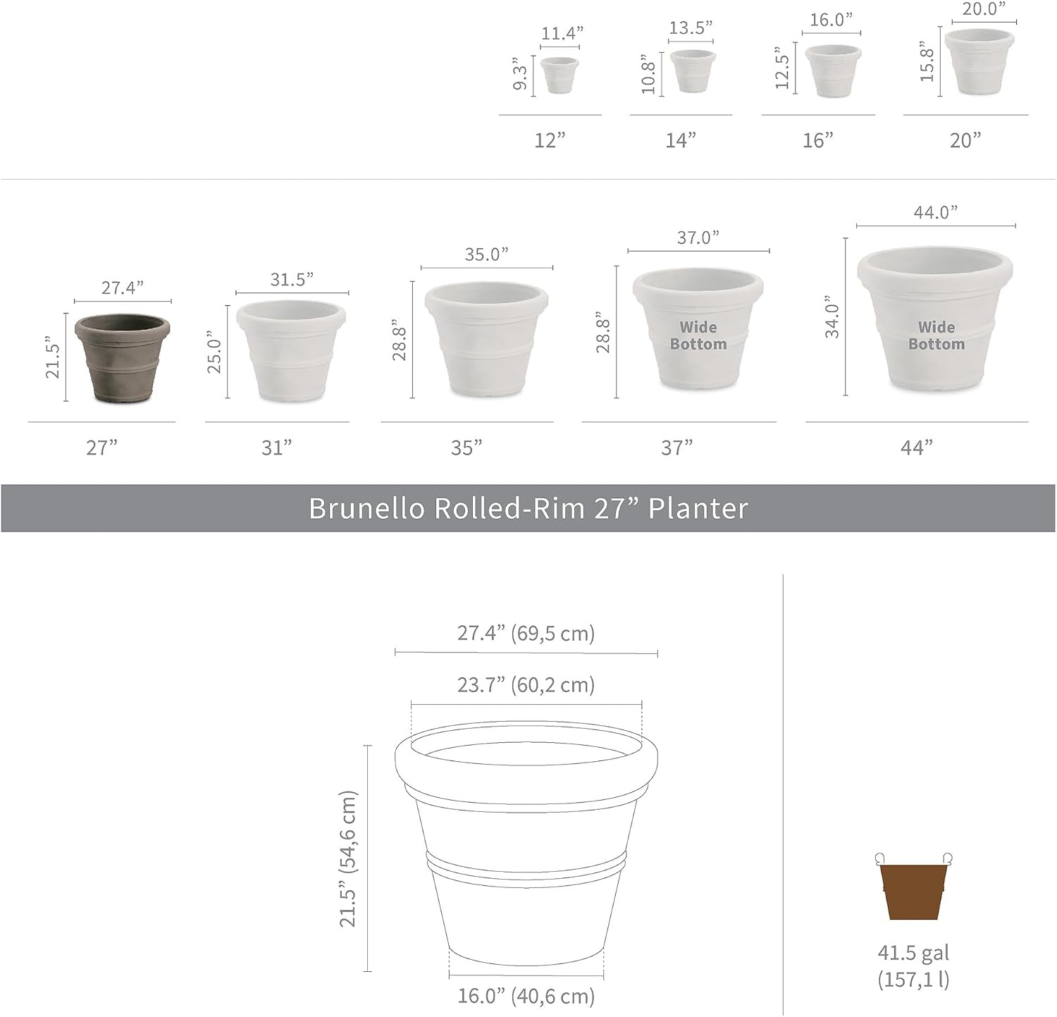 Crescent Garden Brunello Classic Gray Rolled Rim Planter Pot, Lightweight Indoor/Outdoor Weather-Safe Round Plant Pot, 27''W (Weathered Concrete)