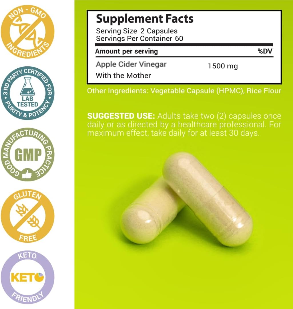 Apple Cider Vinegar Capsules with The Mother 1500 Mg, 60 Day Supply | ACV Pills to Helps Improve Energy, Support Efforts to Improve Immunity and Digestion - Non GMO, High Potency by MaxX Labs