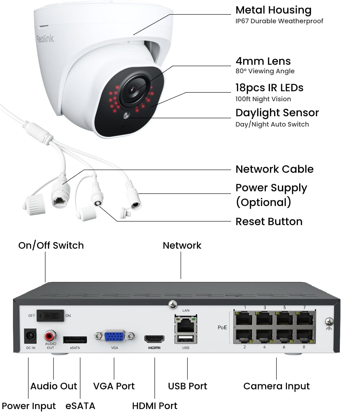 REOLINK 5MP 8CH Home Security Camera System with 2TB HDD RLK8-520D4-5MP | 4pcs 5MP Wired PoE IP Cameras Outdoor with Person/Pet/Vehicle Detection