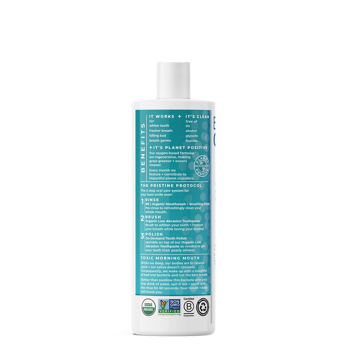 Essential Oxygen Certified BR Organic Brushing Rinse, All Natural Mouthwash for Whiter Teeth, Fresher Breath, and Happier Gums, Alcohol-Free Oral Care, Peppermint, 16 Ounce, Package may vary