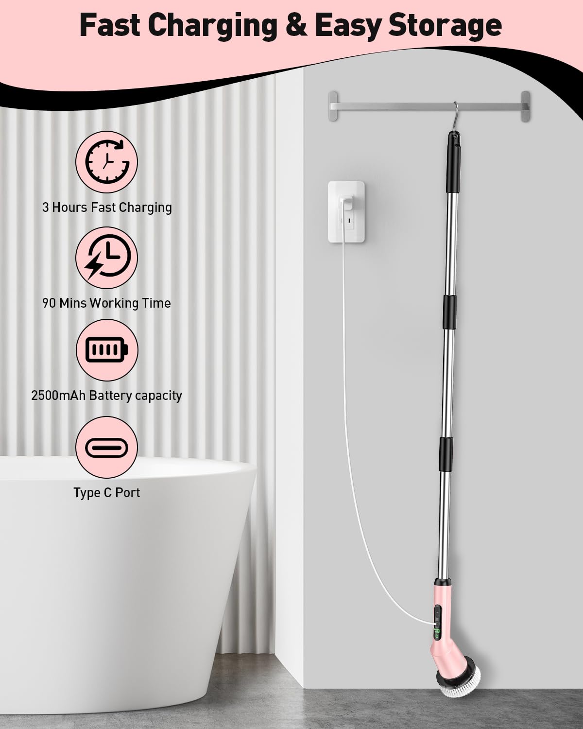 Electric Spin Scrubber for Bathroom, Shower Scrubber with Long Handle | Shower Cleaner Brushes, IPX7 Waterproof & 2 Speed, 3 Brush Heads, 90min Runtime, Bathroom Cleaning Supplies for Toilet Tub