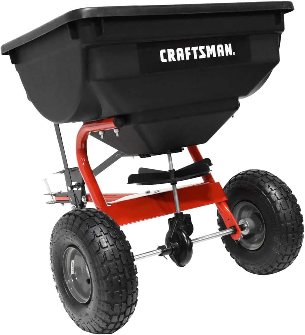 CRAFTSMAN Universal Tow Behind Broadcast Spreader for Seed, Fertilizer, and Ice Melt, 85 lb Capacity with Direct Rod Flow Control