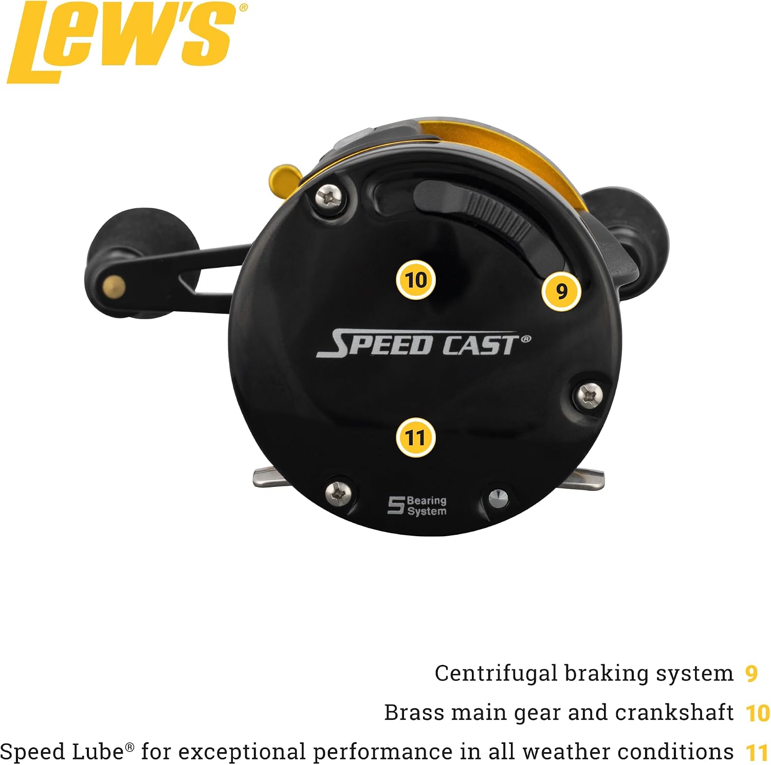 Lew's Speed Cast 5.3:1 Right Hand Casting Reel, Black/Gold