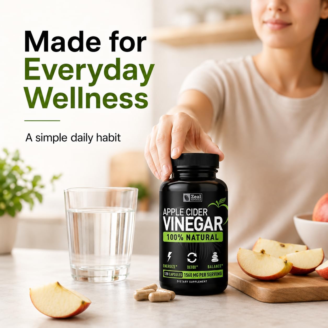 Zeal Naturals Natural Raw Apple Cider Vinegar Capsules (1560mg|120 Capsules) GLP-1 Support for Cravings, ACV Pills w Cayenne Pepper