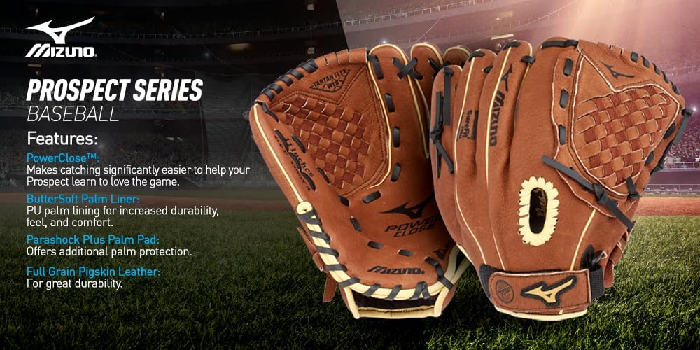 Mizuno Prospect PowerClose Youth Baseball Glove Series I V-Flex Notch I Parashock Palm Pad I Buttersoft Palm Liner