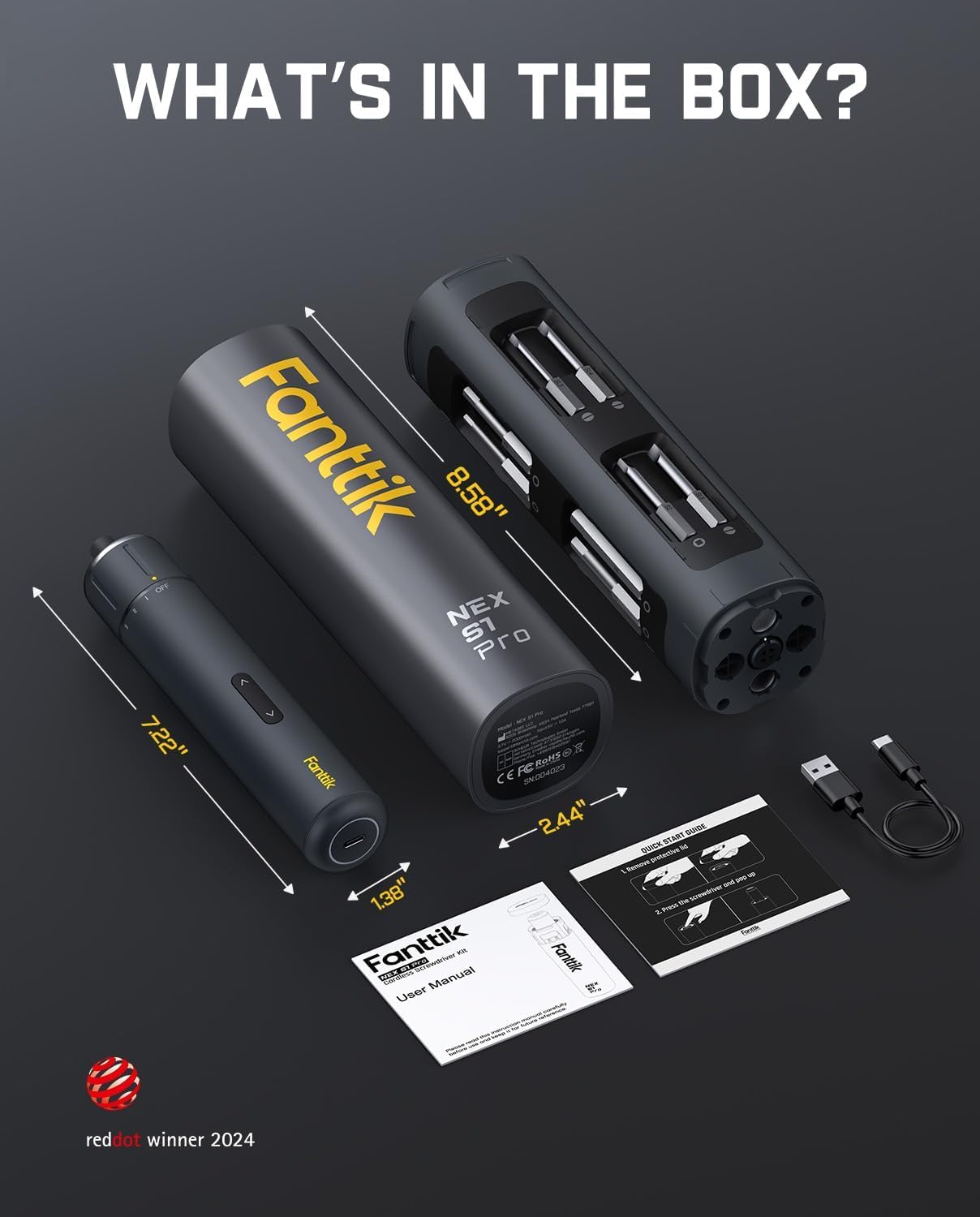 Fanttik S1 Pro Electric Screwdriver, Power Screwdriver | 16 S2 Steel Bits, 3 Torque Settings, Max 6 N.m, 2000mAh Battery, LED Light & 1/4''Hex