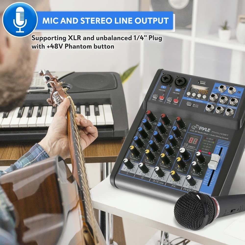 Pyle 4 Channel Audio Mixer with Bluetooth - DJ Sound Board Controller - USB Computer Input - Built-in MP3 Player - 48V Phantom Power - 3 Band EQ
