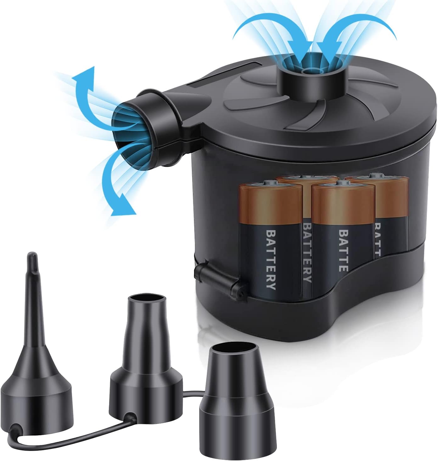 Electric Air Pump for Inflatables, Battery Powered Wireless Air Pump for Mattress with 3 Nozzles