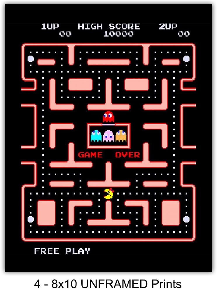 Classic Arcade Games Wall Art Prints - Arcade Decor - 8x10 Set for Man Cave, Den, Family Room, Bar, Bedroom - Gift for Gamers, Video Game, Pacman