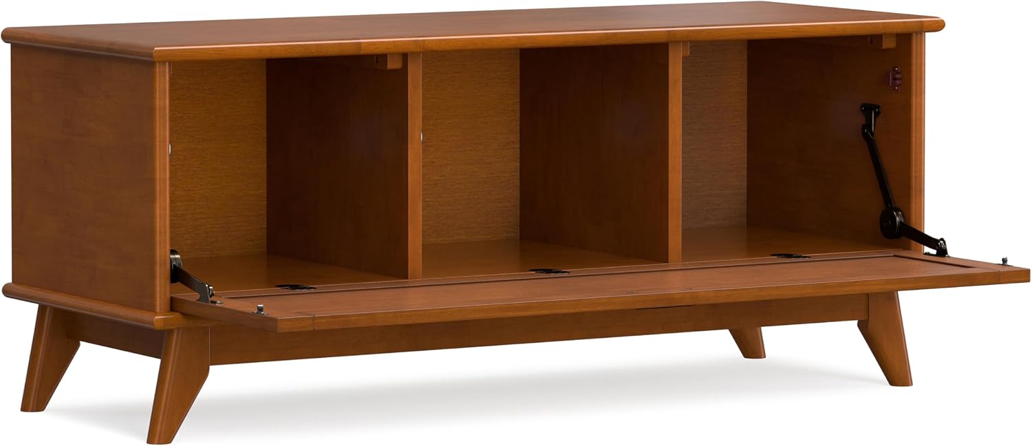SIMPLIHOME Harvey 47" Wide Solid Mango Wood Bench in Natural | Traditional entryway bench in dark chestnut brown with a lift-up lid and 3 hidden compartments; shoe or hallway bench.