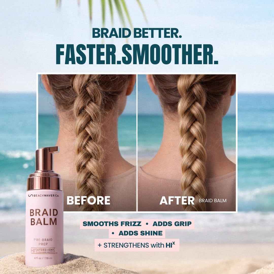 The Beachwaver Co. Braid Balm Pre-Braid Prep - Full Size (4 Fl Oz) | Frizz-Taming Primer Foam | Strengthen and Reduce Flyaways w/HiX Vegan Bond