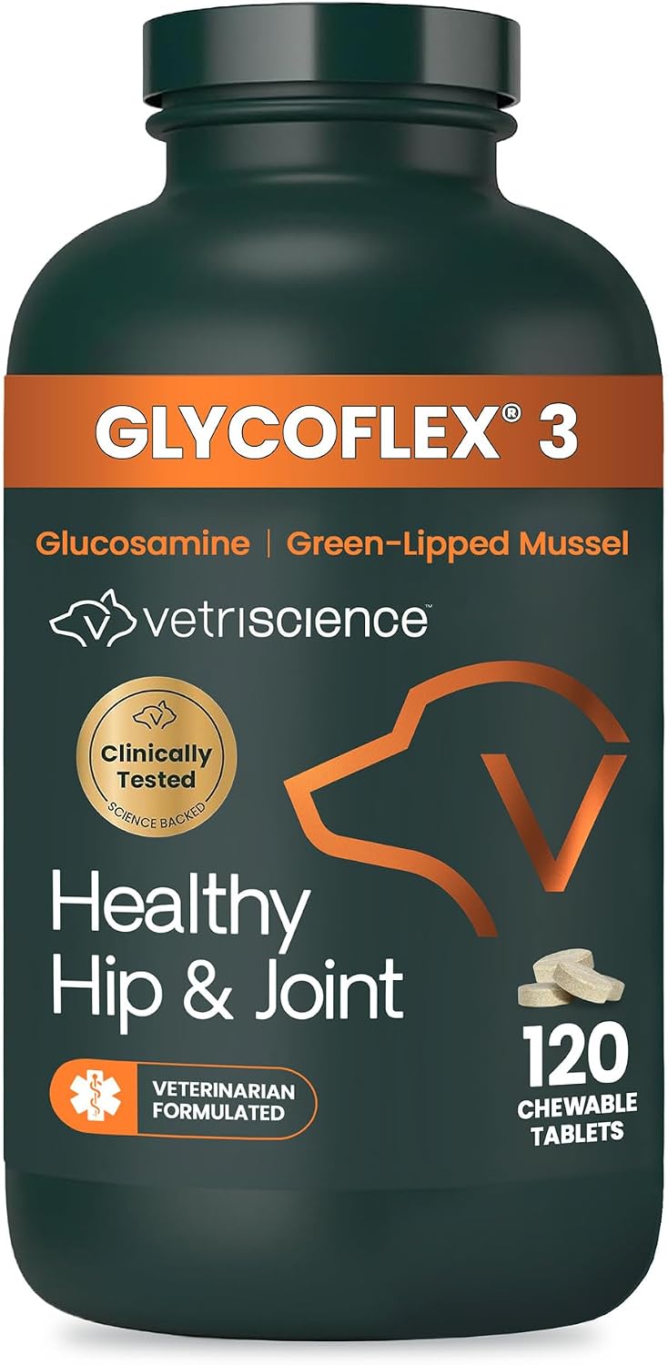 VetriScience Glycoflex 3 Clinically Proven Hip and Joint Supplement for Dogs - Maximum Strength Dog Supplement with Glucosamine, MSM, Green Lipped Mussel & DMG - 120 Count