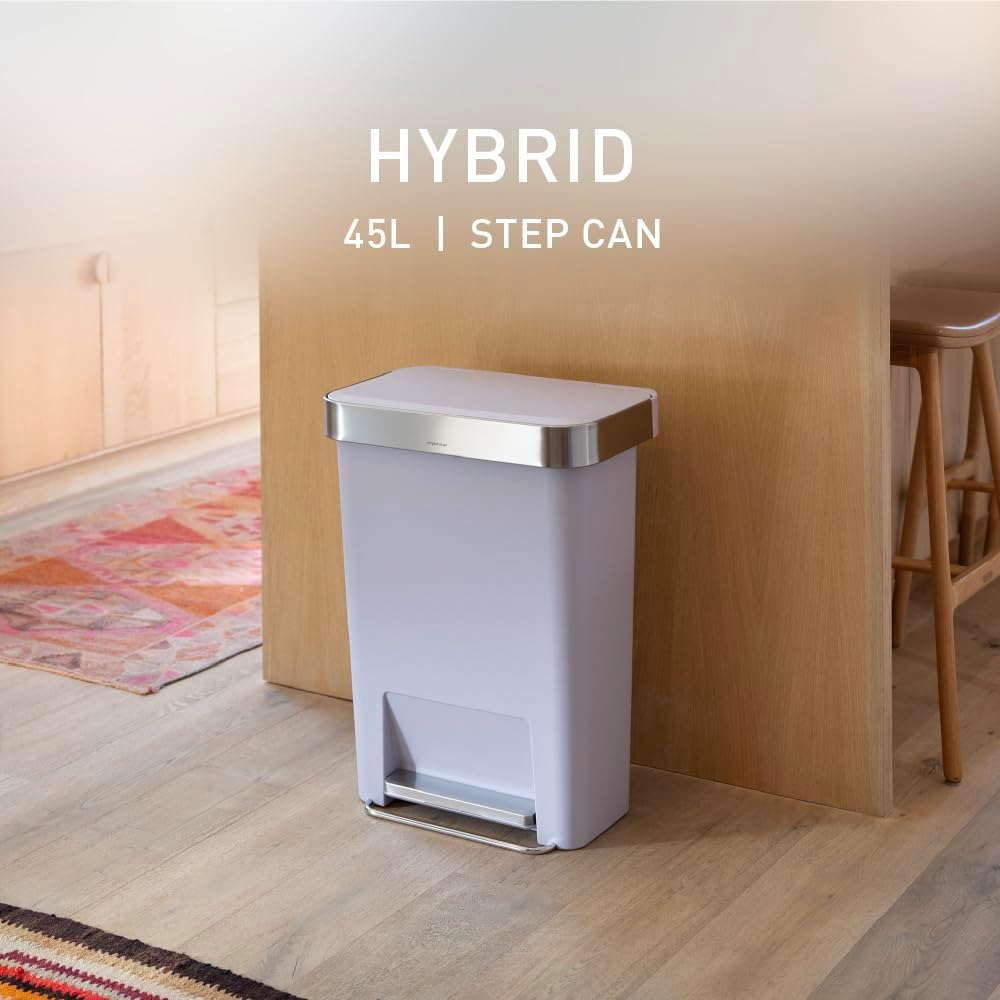 simplehuman Hybrid Step Can, 45L / 12 Gallon Rectangular Kitchen Trash Can, Liner Rim System, Liner Pocket®, 150,000-Step Pedal, Lid Shox® Silent Close, Black Plastic