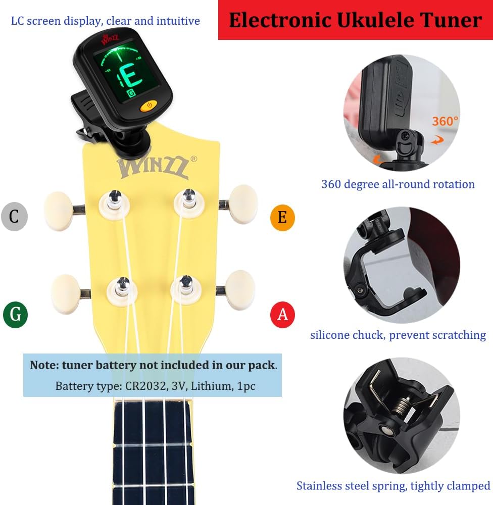 Winzz Soprano Ukulele Starter Kit For Beginners with Bag, Clip-On Tuner, Extra Strings, Strap, Plectrum, Fret Stickers, Chords Card, Polishing Cloth, Black