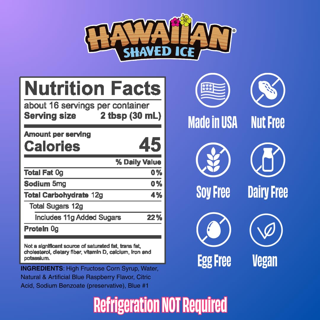 Hawaiian Shaved Ice Blue Raspberry Syrup - Made Nut Soy Dairy Free in the USA - Flavor Fluffy Shaved & Crunchy Snow Cone - Shelf Stable After Opening - Makes 8 Servings - 16 ounces