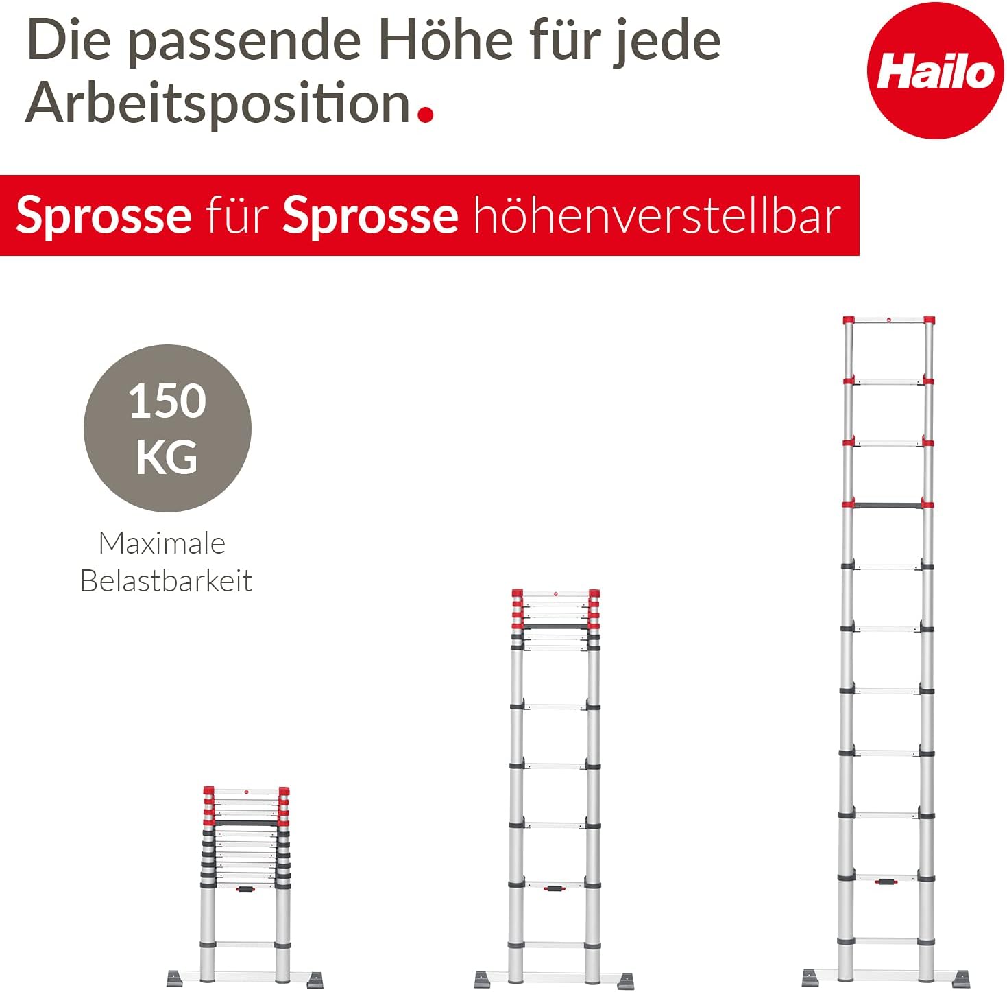 Hailo T80 FlexLine | Aluminum telescoping Ladder | 11 rungs | Height Adjustable up to 10.5FT | Single rungs can be Extended | Transport Belt