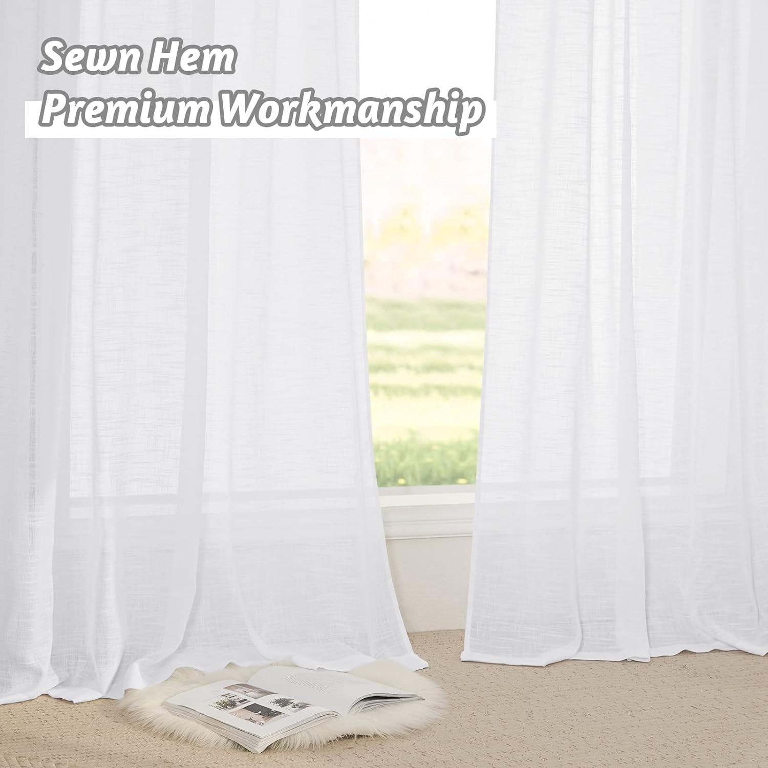RYB HOME Linen Sheer Curtains - Linen Textured Semi Sheer Curtains for Kids Nursery Bedroom Living Room Window