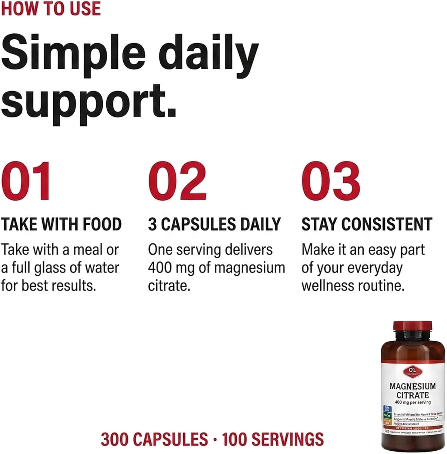 Olympian Labs Magnesium Citrate 400mg - 300 Capsules - Easy Absorbable, Supporting Healthy Bones, Healthy Heart and Calcium Absorption