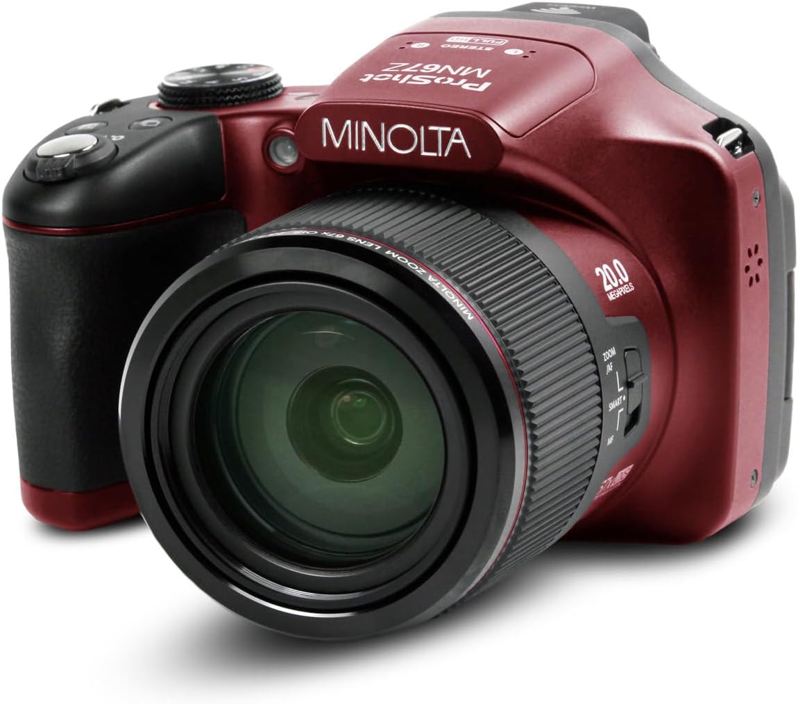 Minolta MN67Z Pro Shot 20MP Camera, 67X Zoom, 1080p HD Video (Red)