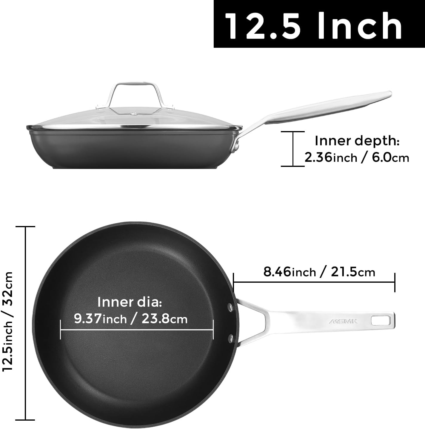 MsMk 12 Inch Nonstick Frying pan with Lid, Grey Large Cooking Pan Skillet