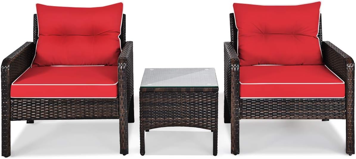 Tangkula 3 Piece Outdoor Patio Furniture Set, Wicker Chairs Set with Glass Top Coffee Table, Thick Cushions
